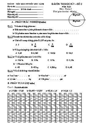 Đề ôn thi học kỳ I môn Toán Lớp 5 - Đề 2 - Năm học 2015-2016 - Trường Tiểu học Nguyễn Đức Cảnh